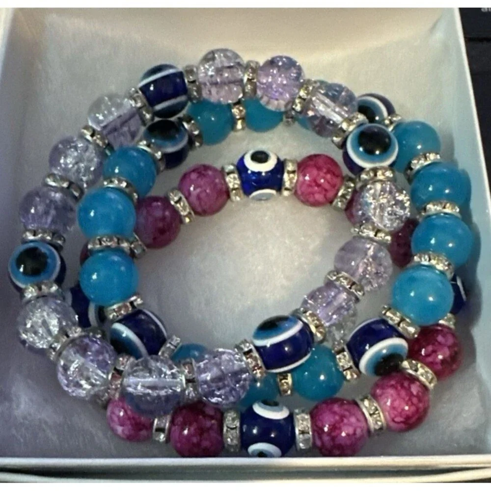 Evil Eye Bracelet Stack Set Blue Pink Clear Stretch Bracelets From Greece New